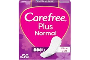 Carefree 56 x plus normalne wkładki o lekkim zapachu, bardzo chłonne, aby natychmiast zablokować płyny, normalny rozmiar