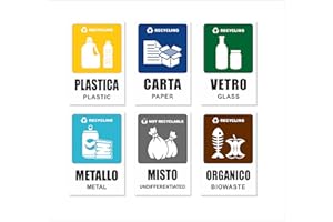 Readyprint 6 Adesivi per Raccolta Differenziata misura medio-grande: 10 x 15 cm, in vinile morbido, con Illustrazioni riciclo - Impermeabili, Lavabili, in Italiano e Inglese- 6 pz.