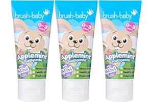 BRUSH-BABY BrushBaby - New Applemint Baby Toothpaste, 3 x 50ml Tubes - for Ages 0-3 - with Xylitol & Fluoride - Supports Healthy Teeth & Gums - Gentle, Safe if Swallowed - Vegan Formula