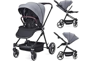 BALOVEBY 3 in 1 Kinderwagen Set mit umkehrbarem Sport-Sitz, Babywanne & Buggy – Ein-Klick-Zusammenklappbar, Leicht & Tragbar mit Großem Regenschutz (Grau)