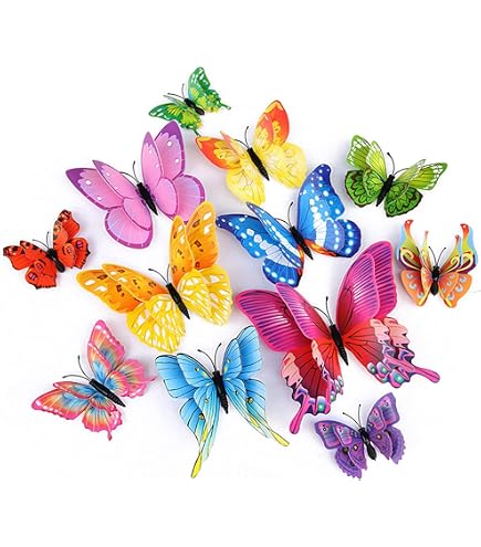 3D Schmetterlinge Wandtattoo – 12er Set Mit Doppelflügeln, Regenbogenfarben, Selbstklebend
