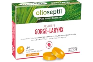 OLIOSEPTIL® - Pastilles à Sucer Gorge-Larynx - Sans Sucres Ajoutés - Extraits de Plantes, Vitamine C, Cuivre et Huiles Essentielles - Apaise et Assainit la Gorge - 24 Pastilles – Gout Miel-Citron