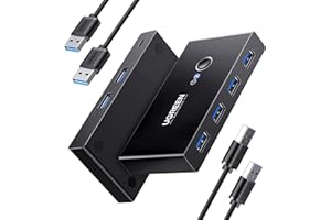 UGREEN 4 Puertos USB 3.0 Switch 2 Entradas y 4 Salidas con 2 Cable para Compartir 4 Dispositivos de Teclado, Ratón, Memorias, Disco Duro, Impresoras, Escáneres, auriculares, etc