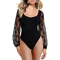 GORGLITTER Kanten bodysuits voor dames, met hartuitsnijding, body, lange mouwen, smalle body met lantaarnmouwen, zwart, XL