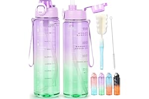 AOHAN Gourde Paille 1l, Bouteille d'eau Sans BPA, Motivation Gourde Sport avec Marquages de Temps, Bouteille Résistant aux Fuites Pour La Gym, L'École, Le Cyclisme
