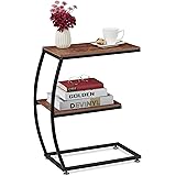 Relaxdays Side Table, 2 Tier C-Shaped Frame, Industrial Design, Metal and Wood, 57.5 x 47.5 x 25 cm, Brown