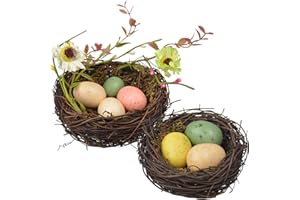 WideSmart Ostern Bird Nest,2 Stück Vogelnest Deko -Vogelnest mit Eiern Osternest Naturnest Deko Nest Frühling Zweige Rattan Nest Handgefertigtes Künstliches Vogelnest Fotorequisiten Weihnachtsdeko