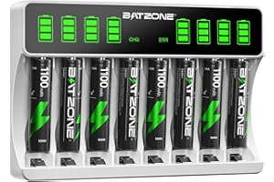 BATZONE Akku Ladegerät mit AAA Akku 8 stück, für Mignon AA, Micro AAA NI-MH/NI-CD wiederaufladbar Batterien, 8-Ladeplatz mit Großer LCD-Bildschirm