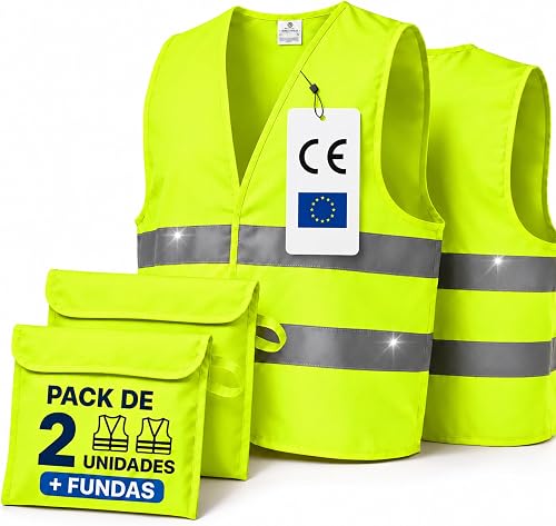 Pack de 2 Chalecos Reflectantes Homologados + 2 Bolsas | Talla Única "L" | Chaleco Coche y Moto Homologado DGT | Chaleco Refl