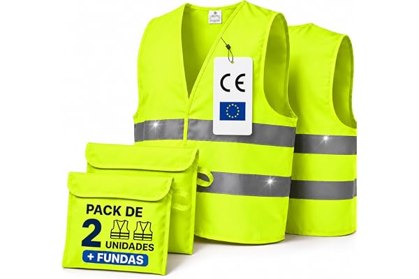 Pack de 2 Chalecos Reflectantes Homologados + 2 Bolsas | Talla Única "L" | Chaleco Coche y Moto Homologado DGT | Chaleco Reflectante Homologado | Chalecos Reflectantes Seguridad | Chaleco de Trabajo