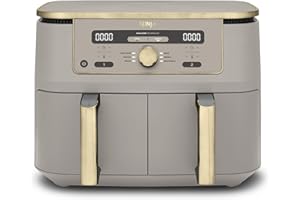 ‎NINJA Ninja Dual Zone Digital Air Fryer, 2 Schubladen, 6-in-1, Heißluftfritteuse, 9,5L, Heißluft-Frittieren, Max Crisp, Rösten, Backen, Aufwärmen, Spülmaschinenfeste Körbe, Stone/Gold DZ400EUSTGD