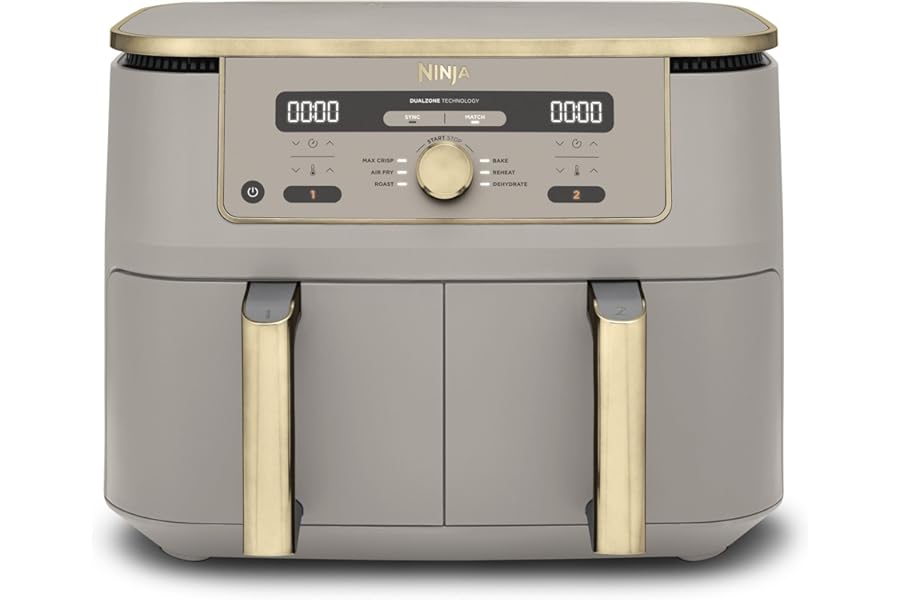 Ninja MAX Double Zone Oil Free Digital Air Fryer with Double Basket, 6 in 1, 9.5L, Dishwasher Safe Baskets, Non-Stick, Pietra Oro, DZ400EUSTGD