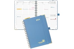 POPRUN Agenda 2024 A5 Semainier 21,5 x 16 cm, Planner Vertical 12 Mois De jan 2024 à déc 2024 avec Couverture Rigide Spirale, Poche intérieur, Papier Certifié FSC®100 g/m²- Bleu Brume