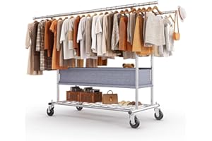 HOKEEPER Heavy Duty Double Rail Clothes Rack on Wheels, 283kg(625lbs) Capacity, with Fabric Storage Basket & Bottom Shelf, Extendable Length & Height for Bedroom, Boutique, Yard Sale