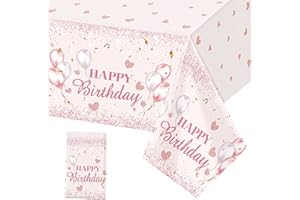 YAAVAAW 137*274cm Pink Happy B'day TableCloth Tablecover Girls Her B'day Party,Pink Heart B'day Dining Table Cover Disposable Plastic Tablecloths Baby Girls Women B'day Party Decorations，137 x 274 cm