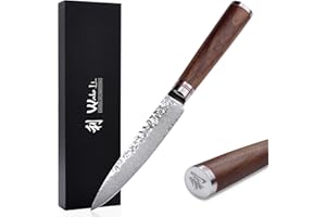 Wakoli Couteau multi-usages en noyer de qualité supérieure avec lame de 12,5 cm fabriqué en acier damassé véritable 67 couches avec manche en bois de noyer I Couteau de cuisine damassé et couteau de