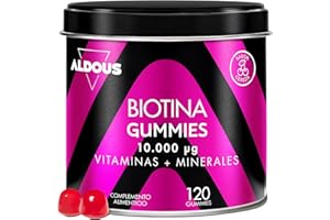 ALDOUS BIO Biotina Gummies 10.000 mcg - 120 Gummies - Sabor Cereza - Gominolas para el Pelo - Acido Folico, Zinc, Selenio, Yodo + Vitaminas - Biotina para el Cabello - Vitaminas Pelo Piel y Uñas - Multivitaminas