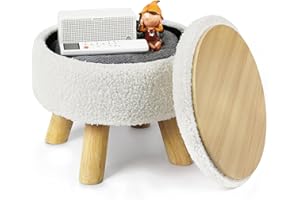 Nandae Pouf mit Stauraum,Teddy Samt Fußhocker 2-in-1 Deckel Wird,Hocker Sitzhocker Ottomane mit Stoffbezug abnehmbar & Holzfüßen Für Wohnzimmer, Schminktisch (32x28cm, Beige)