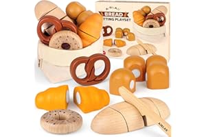 Airlab Kinderküche Spielküche Zubehör aus Holz, Küchenspielzeug Schneiden Brot Kinder, Bäckerei Spielzeug Lebensmittel Holz mit Klett-Verbindung, Holzspielzeug Küche Pädagogisches Rollenspiel Geschenk