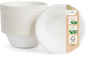Love Nature Bol Jetable - Vaisselle Canne à Sucre 50 pièces - Écologique Bols Jetables 350ml - Biodégradable Résistant et Solide