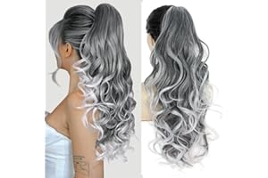 PORSMEER Extensiones de pelo con pinza para coleta, 66 cm de largo, voluminoso, ondulado, coleta, trenza, color gris con mechones blancos