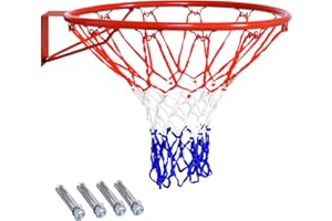 GYMAX Wall Mounted Basketball Hoop, Indoor Outdoor Basketball Rim Replacement with Net, Double Spring and Fixtures, Heavy-Duty Professorial Basketball Ring Goal for Kids Adults