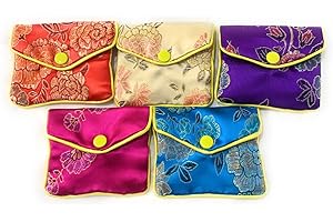 Caprilite 5 x Chinese Silk Jewellery Button Zip Pouch Bag Embroidered Purse Organizer Gift Set UK Mixed