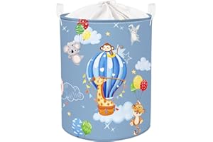 Clastyle 45L Cesta Ropa Sucia Animales Globo Aerostático Jirafa Mono Cestos Almacenaje Juguetes Koala Azul Plegable Redonda para Habitación Infantil, 36x45 cm