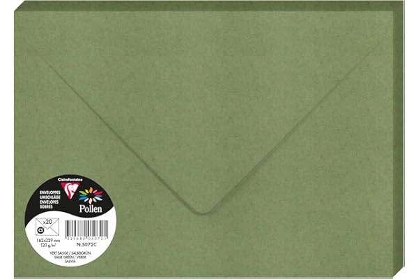 Clairefontaine 5072C – Paquete de 20 sobres borrados – Tamaño C5 16,2 x 22,9 cm – 120 g/m² – Color verde salvia – Invitación para eventos y correspondencia – Gama Polen – Papel premium liso