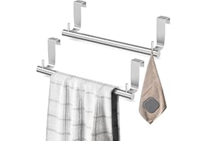 VEHHE Kitchen Towel Holder 2-Piece, 2 Hooks, EVA Foam Protective Mats, 9-Inch Stainless Steel Over The Door Towel Rack (Silver)