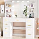 BEWISHOME Dressing Table with Dimmable LED Lights, Mirror, Sockets | 3 Colours Adjustable, Makeup Table with 9 Drawers, Makeu