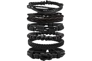 MILAKOO 6 pièces Bracelet en cuir tressé pour hommes femmes Bracelet en bois perlé manchette Wrap réglable