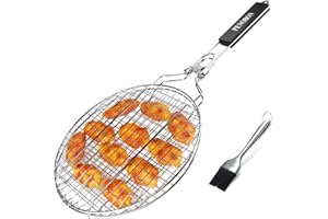 PENOBON Cestino da Barbecue Pieghevole in Acciaio Inox per Pesce, Gamberetti con Manico Rimovibile, con Pennello da Forno e Borsa (Tipo)