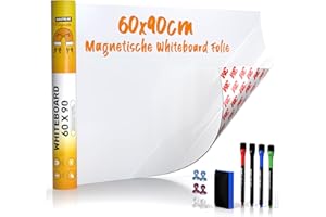 JAWAONLINE Folia magnetyczna 60 x 90 cm – samoprzylepna folia magnetyczna 3M – magnetyczna folia tablicowa zmywalna – praktyczna folia ferromagnetyczna, biała – folia suchościeralna w zestawie z 4 markerami,