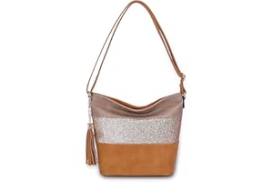 CRAZYCHIC - Sac Bandoulière Paillette Femme - Besace Fourre-Tout Cuir PU Souple - Rayure Strass Brillant Multicolore - Grande Pochette Messenger - Camel