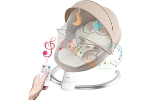 Uuoeebb Baby Bouncer with Bluetooth, Baby Bouncer from Birth with 5 Swing Speed, 3-Stage Timer and Remote Control, Baby Swing Chair from Birth with 2 Plush Toys & Soft Padded Newborn Bouncer (Khaki)