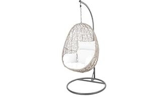 Kideo Swing Chair Indoor & Outdoor, Loungesessel Polyrattan, Hängestuhl, Hängesessel mit Gestell & Kissen (grau/weiß)