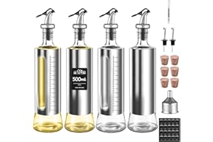 LXUDN Lot de 4 bouteilles d'huile à remplir (500 ml), vinaigre et huile avec graduation, bouteille d'huile d'olive avec fenêtre de visualisation, entonnoir, papier d'étiquette, liège, stylo d'écriture
