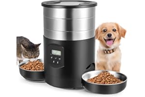 MINENICE 5L Mangiatoia Automatica per Gatti 2 Ciotole, Dispenser Crocchette Gatto Acciai Inossidabili, Erogatore Cibo Cani con Timer Programmabile