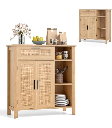 Litake Credenza in rattan, 80 x 92 x 40 cm, con 2 scomparti aperti e 2 ante in rattan, comò in legno, armadietto a buffet, console, armadio per caffè, supporto TV, colore naturale