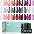 TOMICCA Gel Nail Polish Set 24 PCS, Red Pink Gel Nail Polish Kit Brown Purple Blue Glitter Nail Polish Set Soak Off LED Nail Lamp, Required-Base &Top Matte Top Nail Strengthener Coat