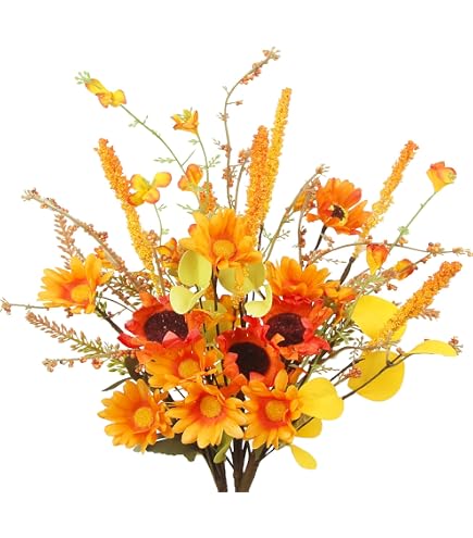 Bouquets De Fleurs Artificielles Orange - Pivoines, Tournesols, Chrysanthèmes - Décoration Maison Et Mariage (Lot De 4)