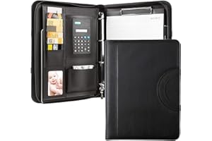 WHENZOO Portfolio Folder A4, Vegan Leather 4-Ring Conference Folder with Calculator & 10 Clear Sheet Protectors, Multi-Pocket Travel Document Holder A4 Clipboard Folder Organiser, Office Supplies - Black
