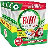 Fairy Platinum Detersivo Pastiglie Lavastoviglie Plus, Brillantante, 184 Capsule, Limone, Tecnologia Anti-Opaco, Contro Il Gr