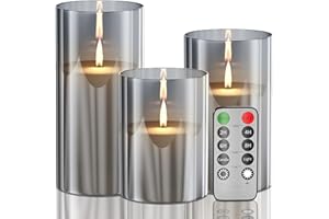 OBXIN Grey Glass Flameless Battery Led Candles Flickering with Remote & Timer, Realistic Real Wax Warm Light LED Candle, for Party Wedding Festival Room Decor Home Decor, Set of 3