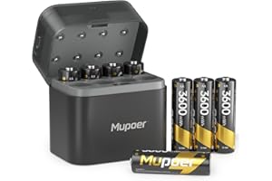 MUPOER Rechargeable Battery AA with Hybrid Charger,3600mWh Lithium AA Batteries 8 Count 1.5V,Aa Battery Charger for NiMH & Lithium Batteries,Integrated Charging Storage Box Gray,8 Slot,Fast Charging