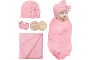 AQOKKA Newborn Receiving Blanket with Bow Hat Mittens Wooden Card Set Newborns Toddler Baby Boy Girl Nursery Swaddle Wrap