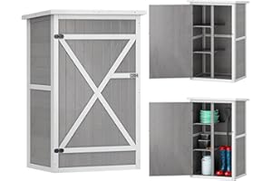 Outsunny Gartenschrank Holz, Geräteschuppen wetterfest 75x56x115cm, Gerätehaus mit Tür, Böden, Geräteschrank, Gartenhaus Werkzeugschrank Gartenschuppen für Garten, Terrasse, Hinterhof, Rasen, Grau