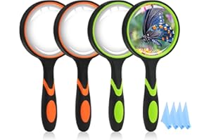 QLFJ-FURDEC 4 Stück 75mm Lupe Kinder 10X, Große Handlupe Leselupe für Senioren in Lesen, 2 Farben Vergrößerungsglas Lupenglas für Kinder Forscher Rutschfestem Weichgummigriff mit Brillenputztücher (4PCS)