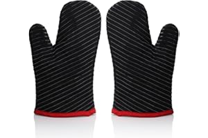GHONLZIN Gants de Four, Gants de Cuisine en Silicone Résistant à Chaleur avec Doublure en Coton et Surface Antidérapante, Conception rayée Gant Four Lavable pour la Cuisine, la Cuisson, Le Barbecue